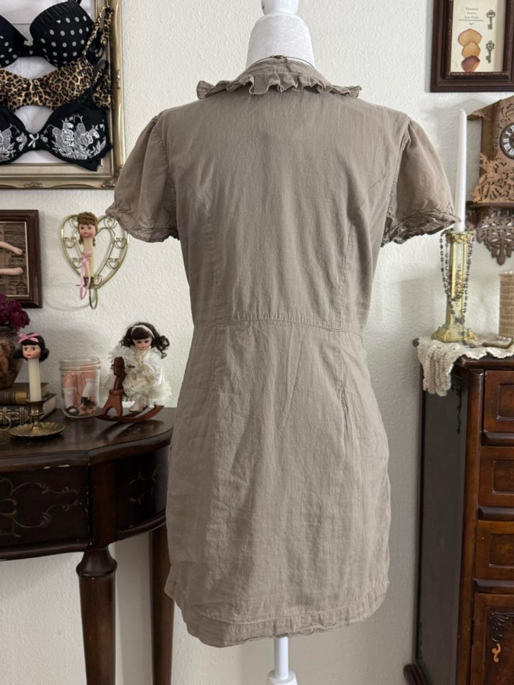 Y2k dainty girly grunge vampy fairy muted brown ruffled mini dress w pockets - Picture 3 of 5